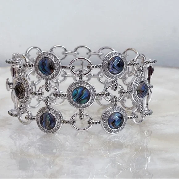 Silver Tone Hematite Labradorite CZ Cuff Bracelet